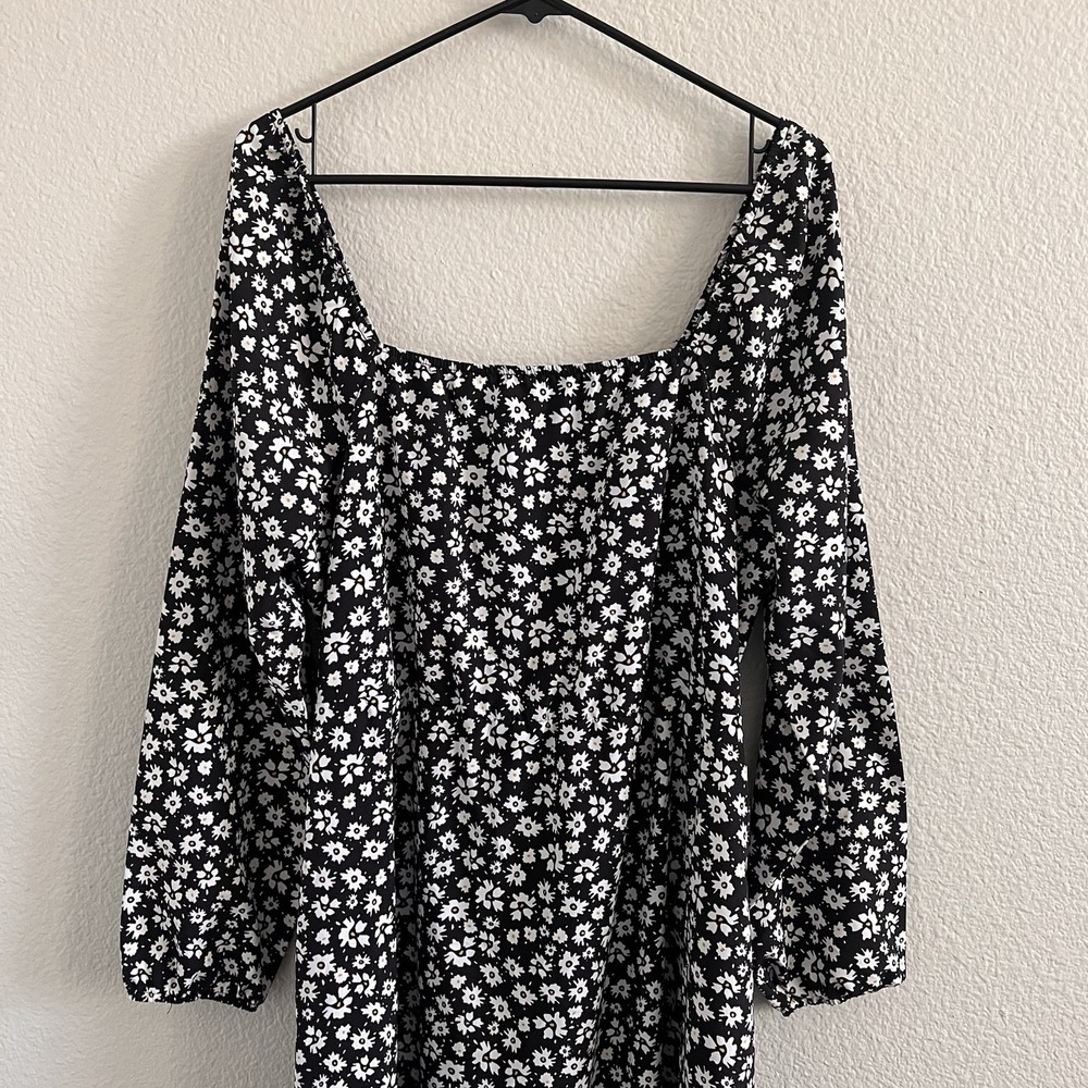 Women's 2XL midi Smocked Puff sleeve Black white floral dress cottage Milkmaid - Picture 4 of 6